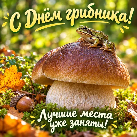Открытка Всемирный день грибника С днем грибника и лягушка
