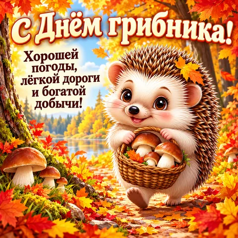 Открытка Всемирный день грибника С днём грибника и ёжик
